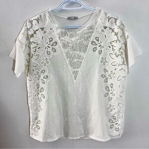 Zara Collection top blouse white lace shirt boho short sleeve Women Medium